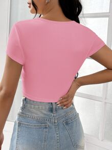 SHEIN EZwear Solid Ribbed Knit Crop Tee - Pink - View 2