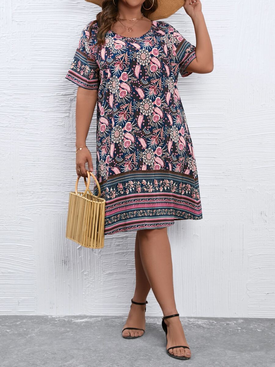 SHEIN LUNE 大碼印花直筒洋裝 - 彩色 - 查看 1