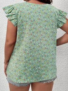 SHEIN LUNE Plus Ditsy Floral Print Guipure Lace Trim Butterfly Sleeve Blouse - Mint Green - View 2