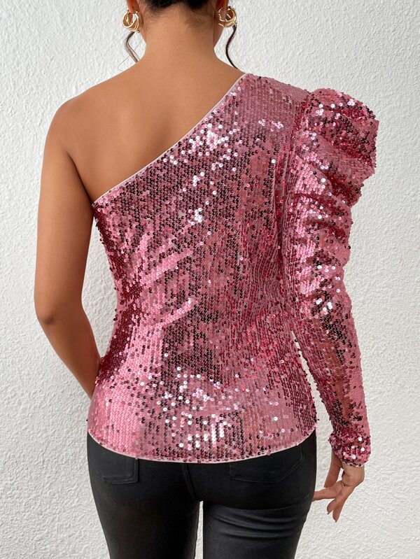 SHEIN BAE One Shoulder Gigot Sleeve Sequin Top SHEIN USA