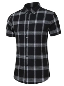 NITAGUT Áo sơ mi Nam Nút phía trước Sọc ca rô Giải trí - màu đen - Xem 1