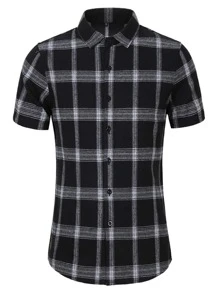 NITAGUT Áo sơ mi Nam Nút phía trước Sọc ca rô Giải trí - màu đen - Xem 3