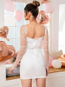 Double Crazy 一字肩褶邊亮片網紗緊身連衣裙 - 白色 - 查看 2