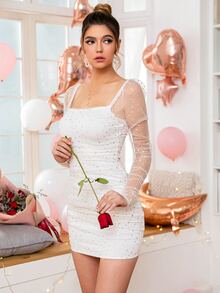 Double Crazy 一字肩褶邊亮片網紗緊身連衣裙 - 白色 - 查看 4