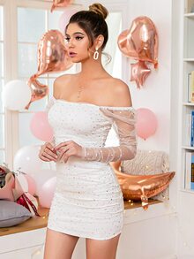 Double Crazy 一字肩褶邊亮片網紗緊身連衣裙 - 白色 - 查看 6