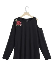 Camiseta con bordado floral de cuello asimétrico - Negro - Ver 1