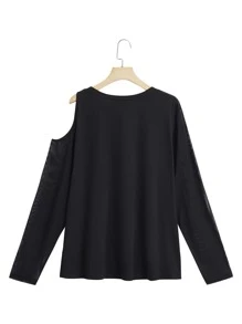 Camiseta con bordado floral de cuello asimétrico - Negro - Ver 2