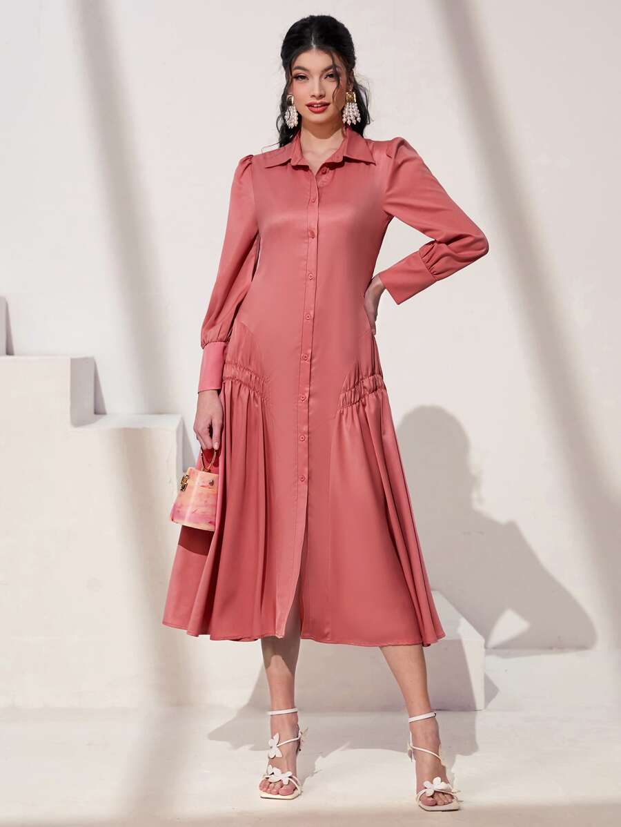 Seusyu Solid Button Front Shirt Dress - Watermelon Pink - View 1