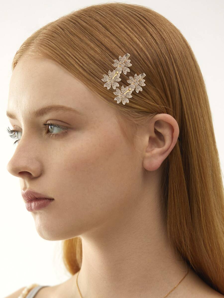 2入組水鑽花朵裝飾髮夾 - 彩色 - 查看 1