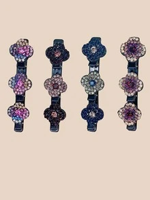 4pcs Rhinestone Flower Decor Alligator Hair Clip Elegant - Multicolor - View 4