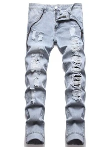 Men Ripped Frayed Bleach Wash Jeans - Light Wash - View 1