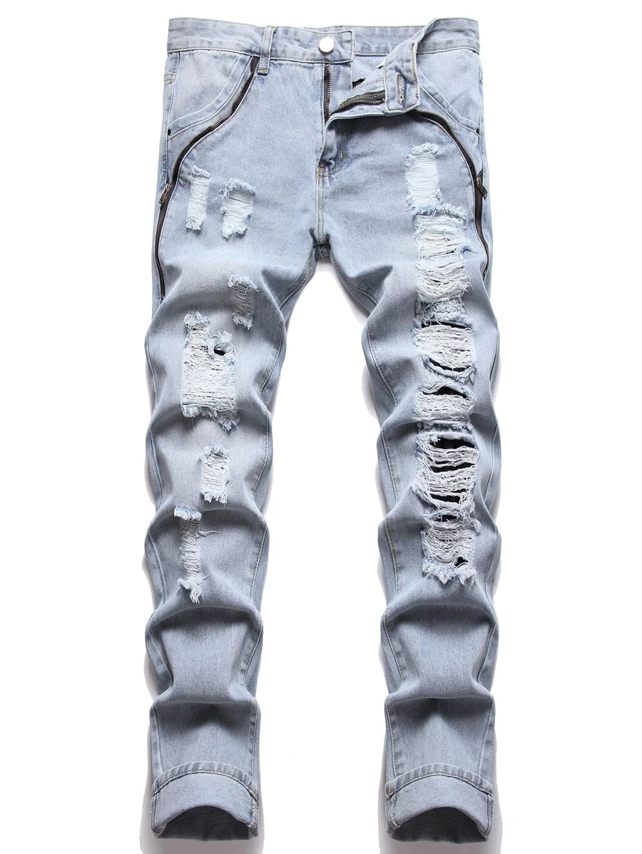 Men Ripped Frayed Bleach Wash Jeans - Light Wash - View 1