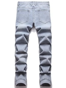 Men Ripped Frayed Bleach Wash Jeans - Light Wash - View 2
