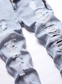 Men Ripped Frayed Bleach Wash Jeans - Light Wash - View 6