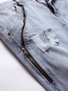 Men Ripped Frayed Bleach Wash Jeans - Light Wash - View 7