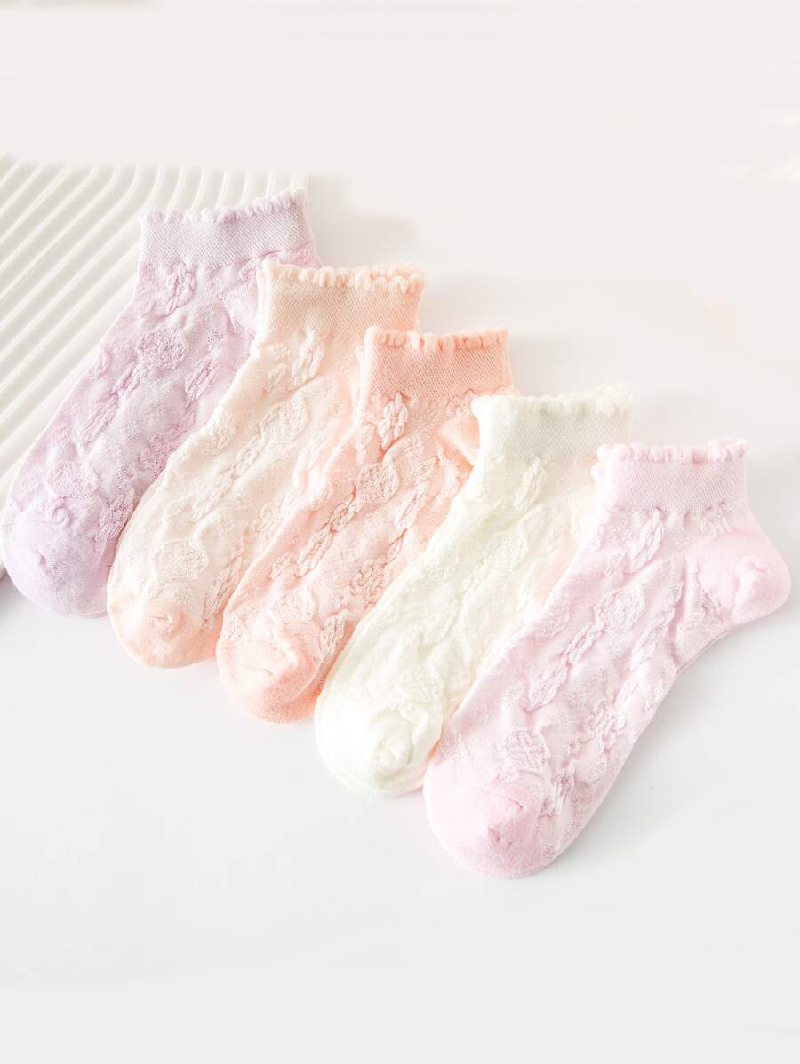 5 pares Calcetines de tripulación con patrón floral ribete fruncido - Multicolor - Ver 1