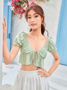 SHEIN Unity เสื้อชายระบาย แขนพอง สีล้วน - สีเขียวมิ้นท์ - ดู 1