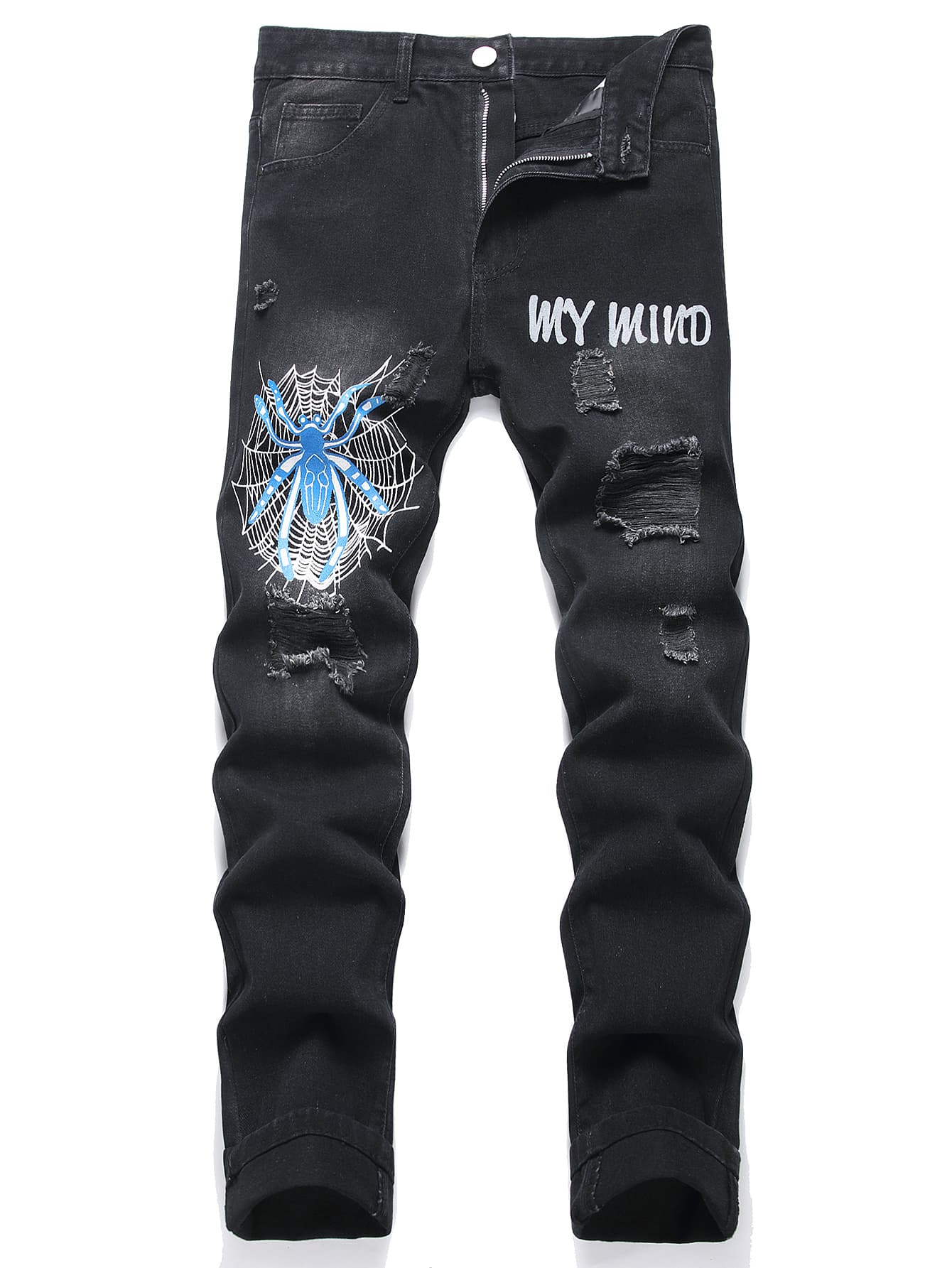 男式字母图案贴片破洞牛仔裤 - 黑色 - 查看 1