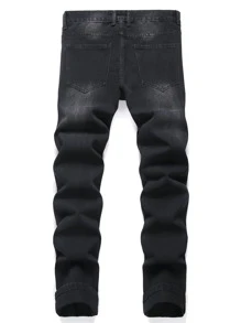 男式字母图案贴片破洞牛仔裤 - 黑色 - 查看 2