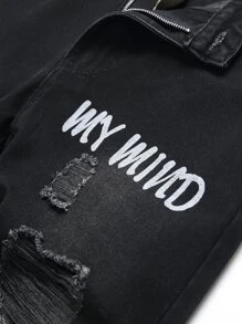 男式字母图案贴片破洞牛仔裤 - 黑色 - 查看 5