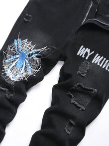 男式字母图案贴片破洞牛仔裤 - 黑色 - 查看 6