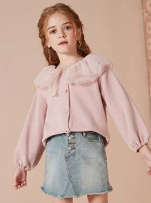 Tween Girl Contrast Mesh Ruffle Trim Button Front Tee