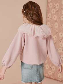 Tween Girl Contrast Mesh Ruffle Trim Button Front Tee