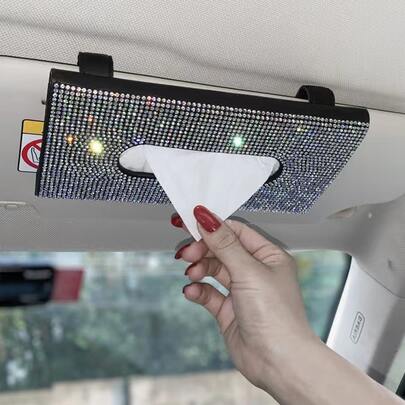 1pc Rhinestone Decor Car Sun Visor Tissue Storage Box