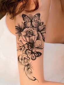 紋身貼紙,1張花卉圖案和蝴蝶樣式一次性紋身適合女士,紋身貼紙成年人,逼真紋身貼花,蝴蝶,適合女士和女孩 - 黑色 - 查看 1