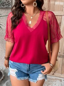 SHEIN LUNE Plus Contrast Lace Flounce Sleeve Top - Red - View 1
