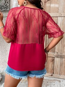 SHEIN LUNE Plus Contrast Lace Flounce Sleeve Top - Red - View 2