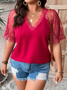 SHEIN LUNE Plus Contrast Lace Flounce Sleeve Top - Red - View 3