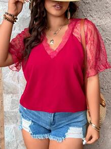 SHEIN LUNE Plus Contrast Lace Flounce Sleeve Top - Red - View 4