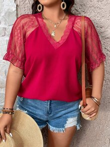 SHEIN LUNE Plus Contrast Lace Flounce Sleeve Top - Red - View 6