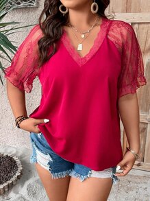 SHEIN LUNE Plus Contrast Lace Flounce Sleeve Top - Red - View 7