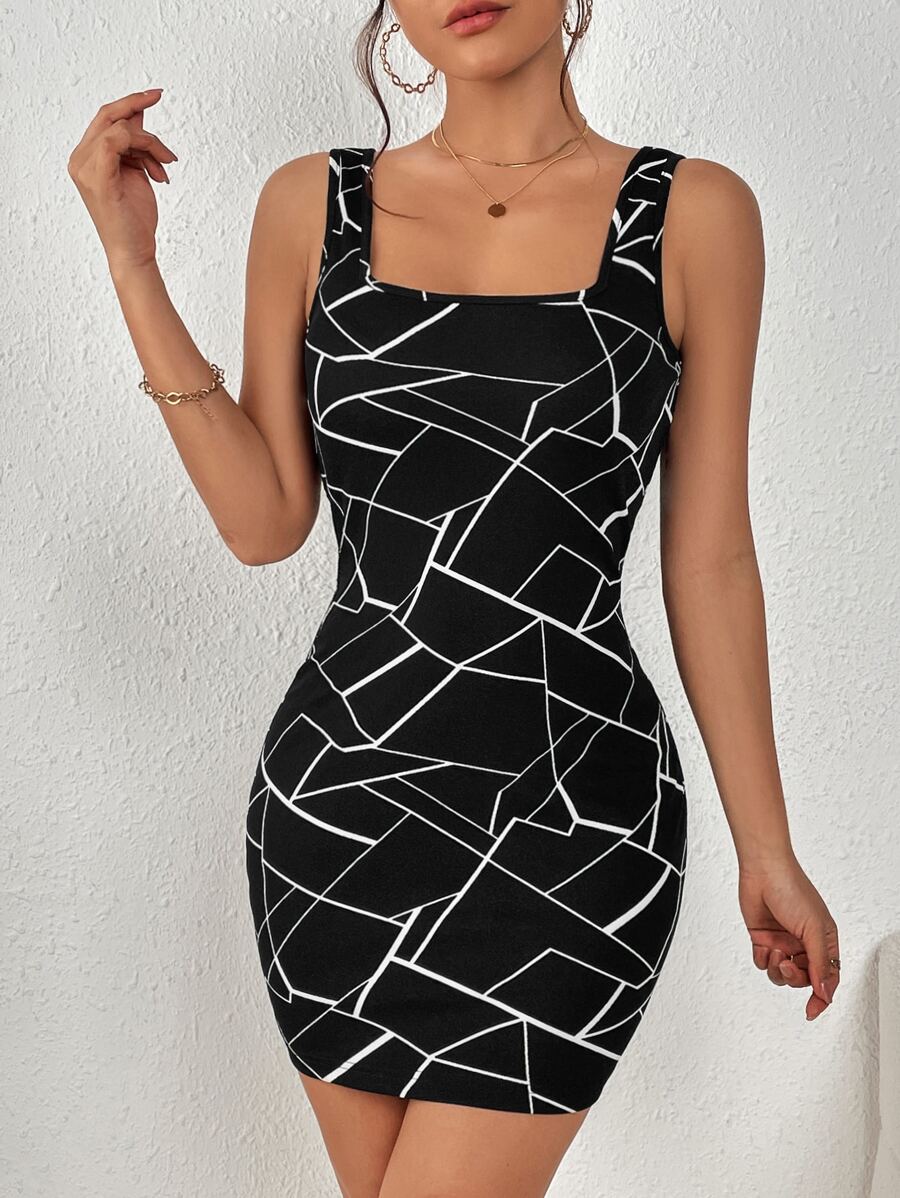 SHEIN Privé Geo Print Square Neck Short Summer Bodycon Dress - Black - View 1