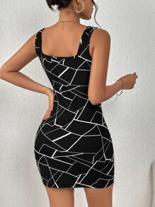 SHEIN Privé Geo Print Square Neck Short Summer Bodycon Dress - Black - View 2