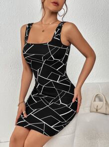 SHEIN Privé Geo Print Square Neck Short Summer Bodycon Dress - Black - View 5