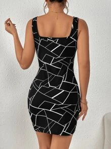 SHEIN Privé Geo Print Square Neck Short Summer Bodycon Dress - Black - View 6