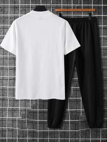 Manfinity Homme 男士字母圖案T恤和腰部抽繩衛褲 - 黑與白 - 查看 2