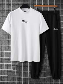 Manfinity Homme 男士字母圖案T恤和腰部抽繩衛褲 - 黑與白 - 查看 3