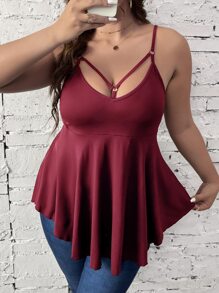 SHEIN Unity Plus Cut Out Peplum Cami Top - Burgundy - View 1