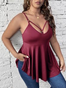 SHEIN Unity Plus Cut Out Peplum Cami Top - Burgundy - View 4