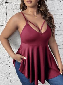 SHEIN Unity Plus Cut Out Peplum Cami Top - Burgundy - View 5