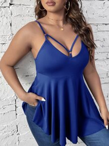 SHEIN Unity Áo hai dây Plus Size Bất đối xứng Nhẫn Viên lá sen màu trơn Gợi cảm - Xanh đậm - Xem 4