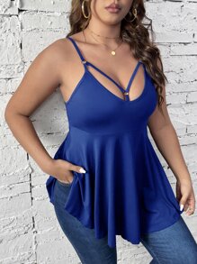 SHEIN Unity Áo hai dây Plus Size Bất đối xứng Nhẫn Viên lá sen màu trơn Gợi cảm - Xanh đậm - Xem 5