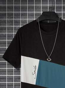 Manfinity Homme 男士字母圖案撞色T恤 - 黑色 - 查看 3