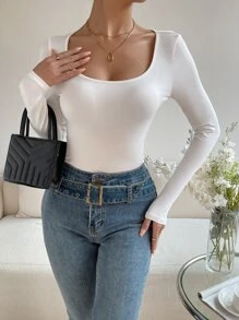 SHEIN Essnce Solid Scoop Neck Tee - White - View 3