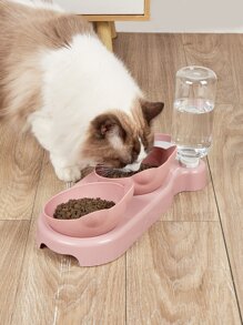 1pc Cat Ear Design Pet Double Bowl With Drinking Bottle For Dog And Cat For Drink More Water And Food Feeding - Pink - View 12