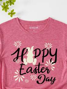 SHEIN LUNE Floral And Slogan Graphic Tee - Pink - View 3
